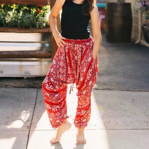 Kids Red Lotus Harem Pant Unisex Cotton Printed Travel Boho Hippie Pants Red